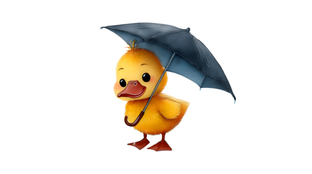 kawaii duck splashing in rain puddles with an umbrella, spring scene, watercolor