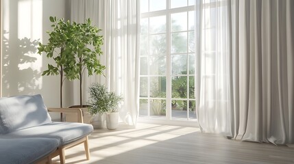 Bright, airy living room interior with expansive windows.