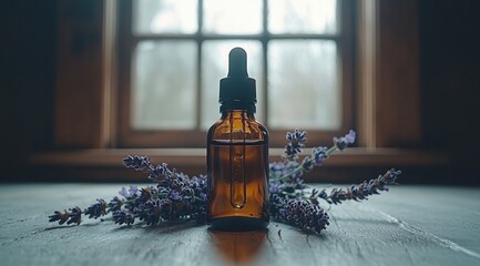 Amber bottle with essential oil & lavender flowers on a wooden table in front of a window