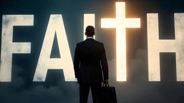 A businessman stands before a FAITH sign, religion and Christianity in business