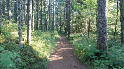 Fototapeta premium Serene Forest Trail: A Pathway Through Lush Green Canopy