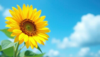 Obraz premium Vibrant sunflower against a summer blue sky, fluffy white clouds , sunshine, vibrant, august