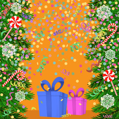 New year seasonal falling confetti background. Christmas fir with gift box, spruce branch, candy cane, snowflake, candy on orange background. Vector illustration.