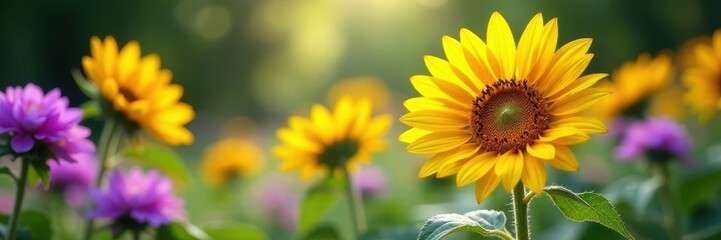Obraz premium Vibrant sunflowers & purple wildflowers bloom in lush garden , photography, violet