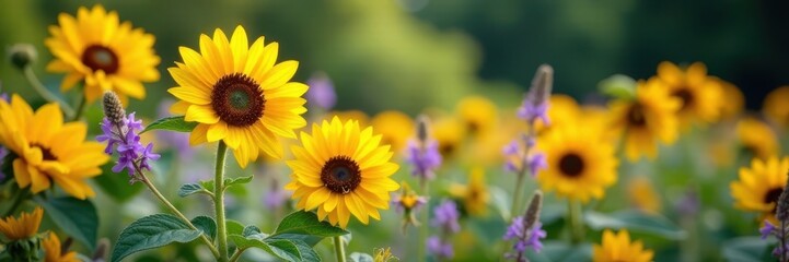 Obraz premium Vibrant sunflowers & purple wildflowers bloom in lush garden , flora, sunflowers, blossom