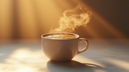 Steaming Cup of Rich Coffee: A Warm Beverage for Breakfast or a Cozy Break, set against a soft, golden light