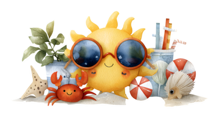 kawaii sun wearing sunglasses with beach toys, summer vibe, watercolor style
