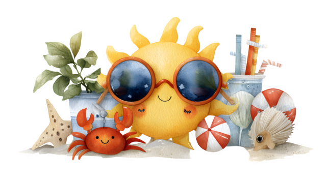kawaii sun wearing sunglasses with beach toys, summer vibe, watercolor style