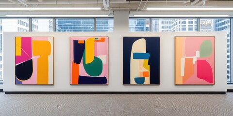 Fototapeta premium Four abstract canvases, vibrant colors and geometric shapes, displayed in a modern office setting