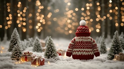 Obraz premium A festive winter scene, featuring a child's knitted Christmas outfit, nestled amongst snow-covered Christmas trees and presents, under twinkling fairy lights