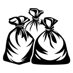 Stylized Monochrome Illustration of Three Sacks Tied at the Top Against White