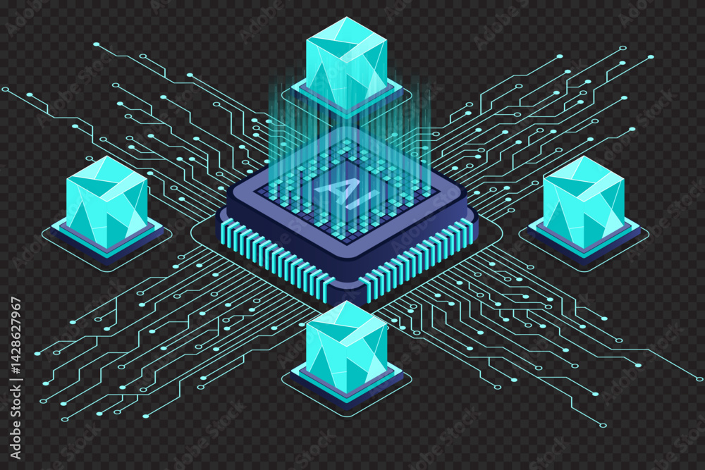 Poster isometric artificial intelligence chip concept. artificial intelligence concept. futuristic microchi