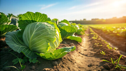 Cabbage field on garden area under the blue sky,  Cabbage growing in field