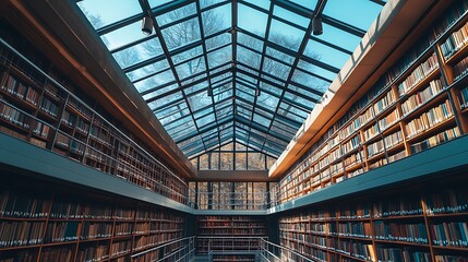 Fototapeta premium Extensive library interior with glass skylight and bookcases.