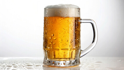 Beer in steam mug foam overflowing, white surface. The background is softly blurred with bright