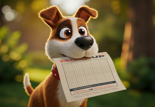 Cute 3d Style Dog with Page on Mouth Mockup