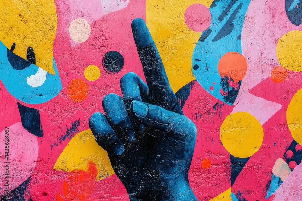 Poster vibrant hand painted in colorful patterns gestures towards an artistic mural in an indoor space duri
