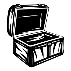 Open treasure chest in black and white with decorative striped features