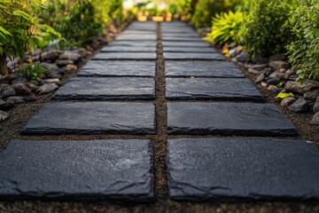 Dark stone pathway through garden