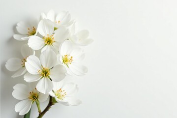Delicate white flower blossoms on pure white backdrop, minimalist, seamless
