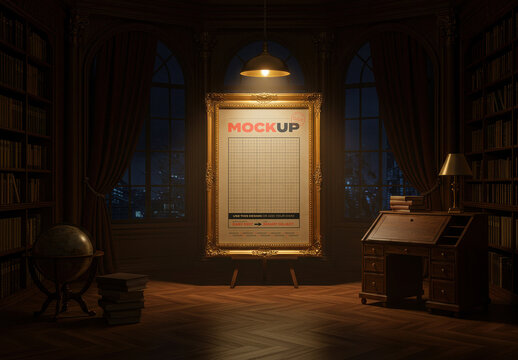 Elegant Vertical Frame Poster Mockup on Cozy Library Studio
