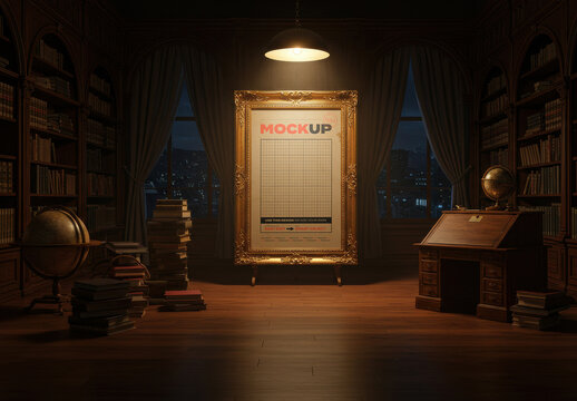 Elegant Vertical Frame Poster Mockup on Cozy Light Studio with Books