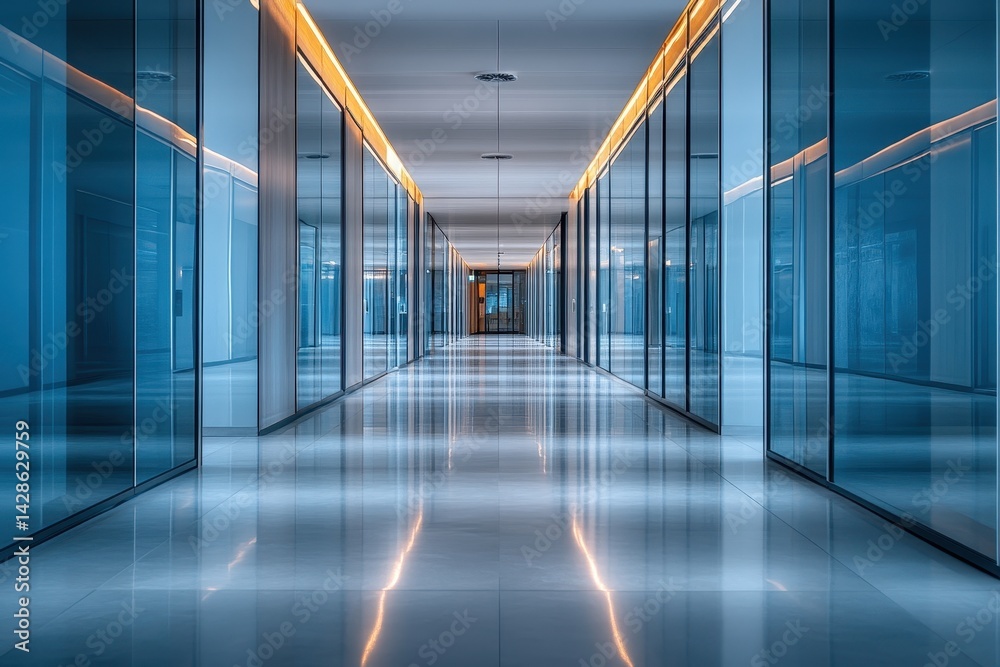 Aufkleber Modern office corridor with sleek glass walls and bright lighting creating an inviting atmosphere for productivity during the day
