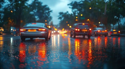 Fototapeta premium Rainy night city street traffic jam with blurred car taillights reflecting on wet asphalt.