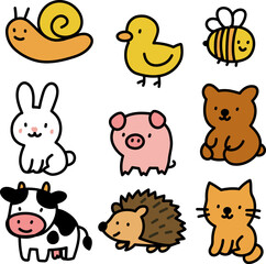 Doodle flat animals set cute