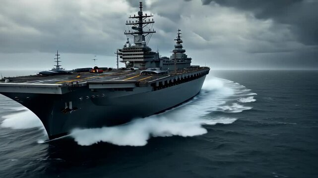 A grey aircraft carrier cuts through a choppy sea under a stormy sky.
