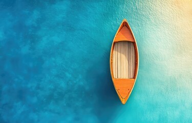 A small, orange wooden rowboat floats serenely on calm, turquoise water