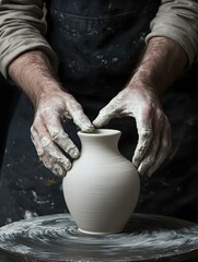 Potter's hands shaping clay vase on pottery wheel. Artisan creating ceramic artwork.