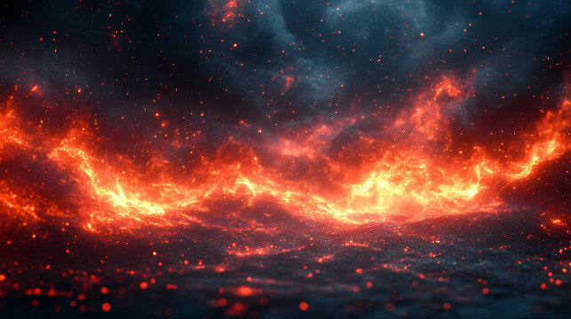 Burning fire cloud floating above dark background with orange glow and smoky particles.