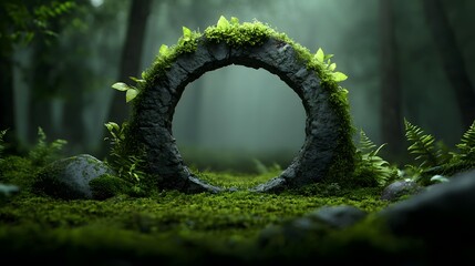 Tranquil forest archway adorned with lush moss and glowing mushrooms