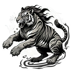 Obraz premium Tribal Tattoo Style Tiger Illustration – Black and White Galloping Tiger with Flowing Mane and Tail on White Background