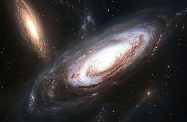 Two spiral galaxies interact, dust and gas swirling, stellar formation