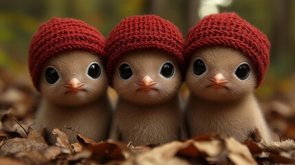 Autumnal Chick Trio RedHatted Cuties in Leafy Bliss