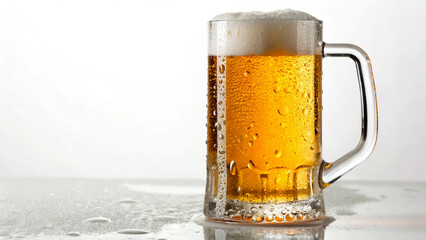 Cold Beer in steam mug foam overflowing, white surface. The background is softly blurred with bright