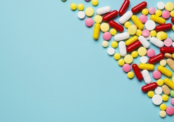 Obraz premium Flat lay of colorful pills scattered on pastel blue background symbolizing pharmaceutical care and modern medication