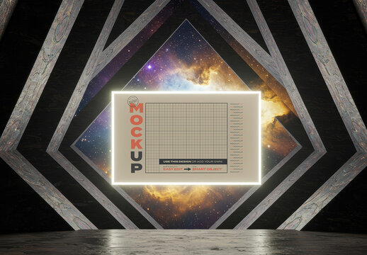 Horizontal Poster Mockup on Marble Place with Space Supernova on Background