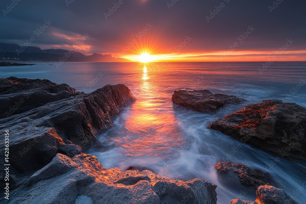 Poster sunset over calm ocean waves on a serene beach filled with vibrant colors and soft clouds, capturing