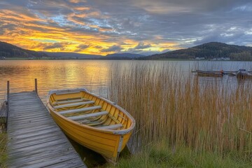 Obraz premium Serene sunset over calm lake, yellow rowboat tied to wooden dock, tall grasses nearby