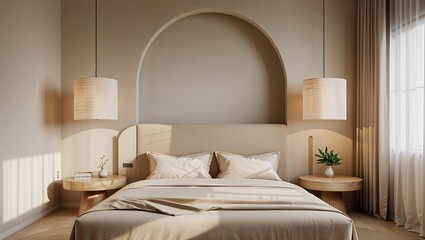 The luxury hotel bedroom interior features a comfortable bed and elegant furniture design within the room