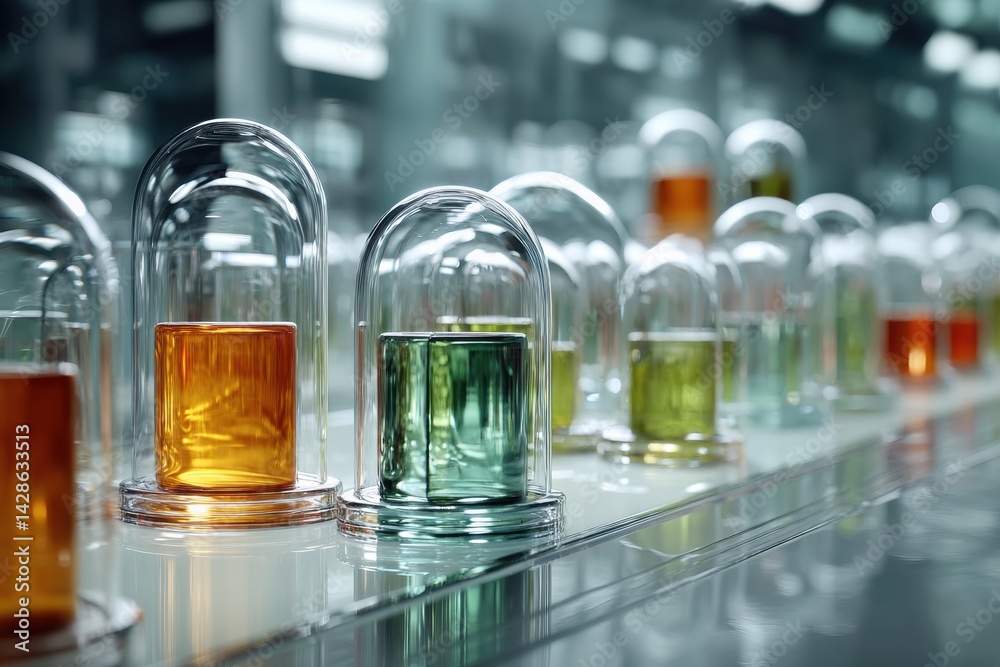 Aufkleber futuristic lab showcasing samples of various oils under glass domes in a sleek environment
