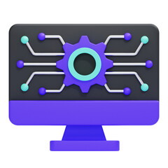 PNG 3D Monitor Displaying Tech Integration Circuit Icon Isolated on a White Background
