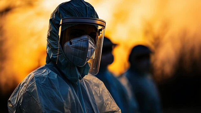 Healthcare workers in pandemic response at sunset