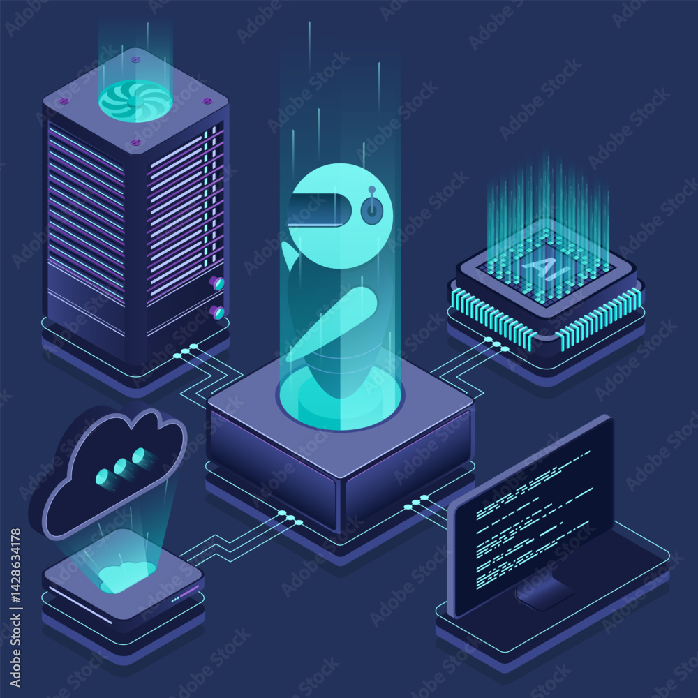 Poster artificial intelligence robot. system analysis. big data processing. machine learning technology. is