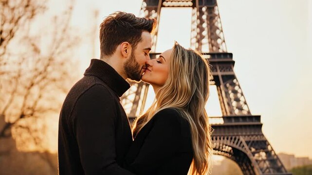 Romantic paris kiss at sunrise by the eiffel tower