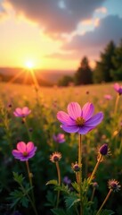Fototapeta premium Violet and pink wildflowers bloom in a sun-drenched meadow at sunset , peaceful, landscape