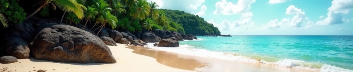 Fototapeta premium Volcanic rock meets soft sand, jungle foliage shades the shore , nature, travel, tropical